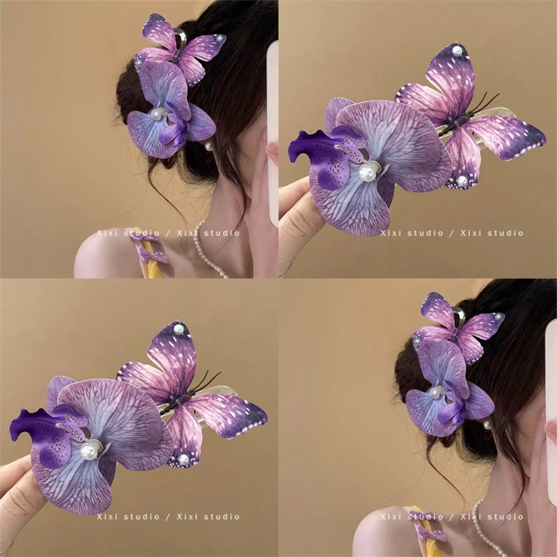 暮春花漫！超仙蝴蝶兰花朵发夹！甜美蝴蝶鸭嘴夹纯欲边夹女新款
