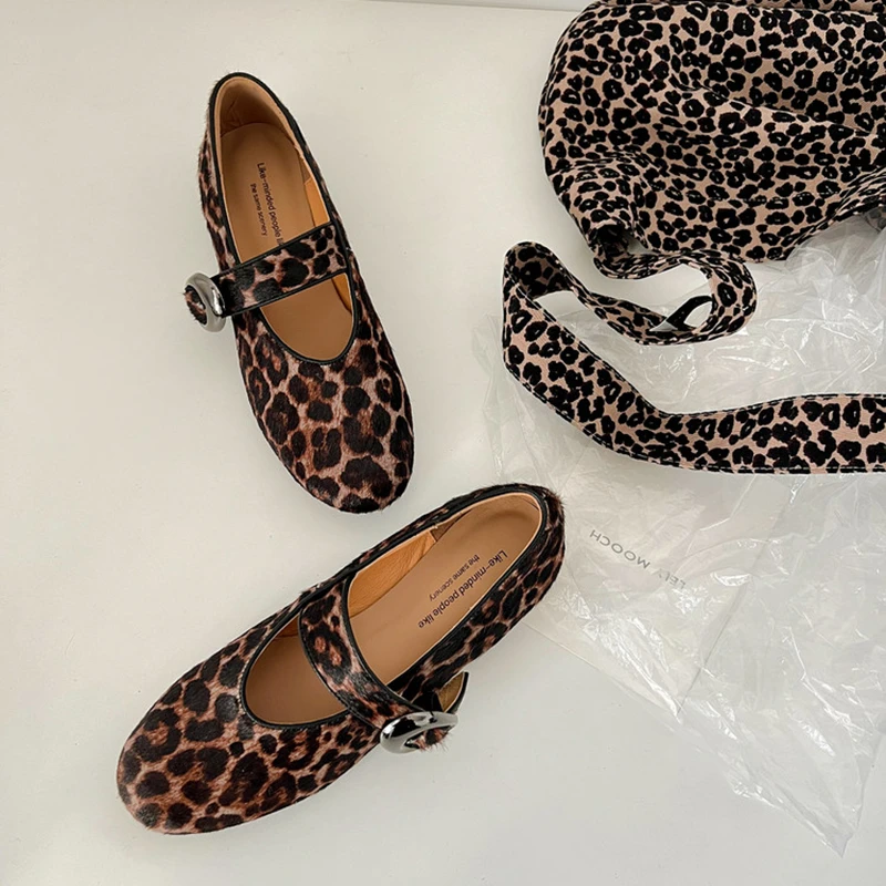 气质百搭一字带豹纹玛丽珍鞋女粗跟芭蕾舞鞋2025春季新款浅口单鞋