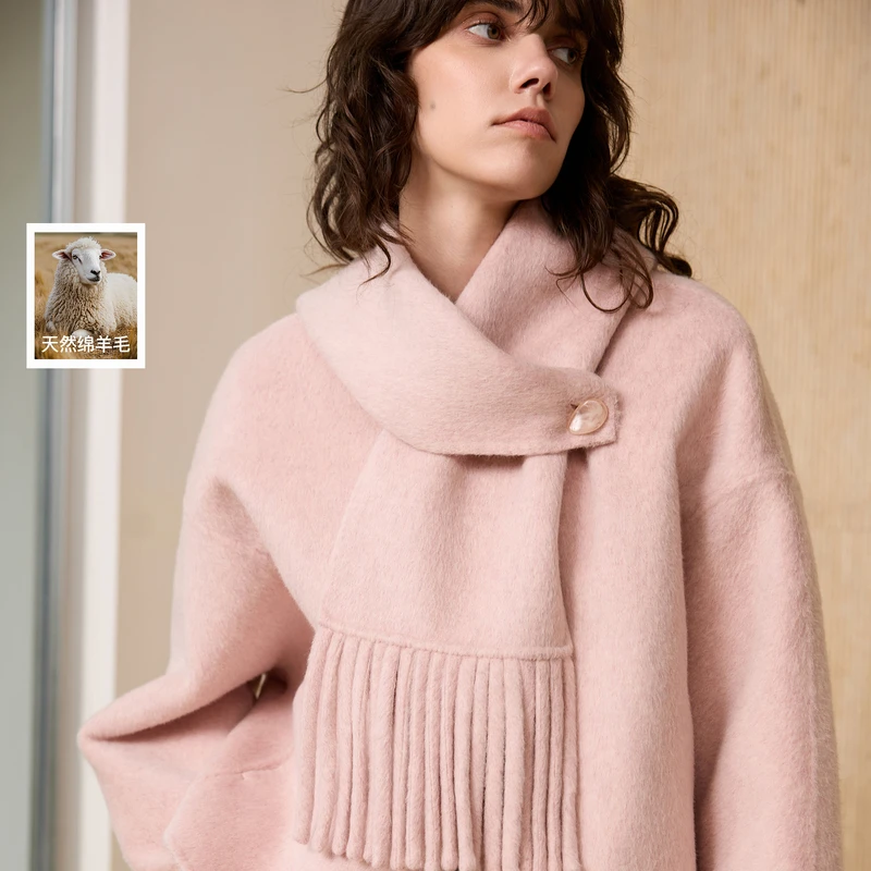 【100绵羊毛】三彩丽雪leisure2025冬新款双面呢大衣毛呢围脖外套