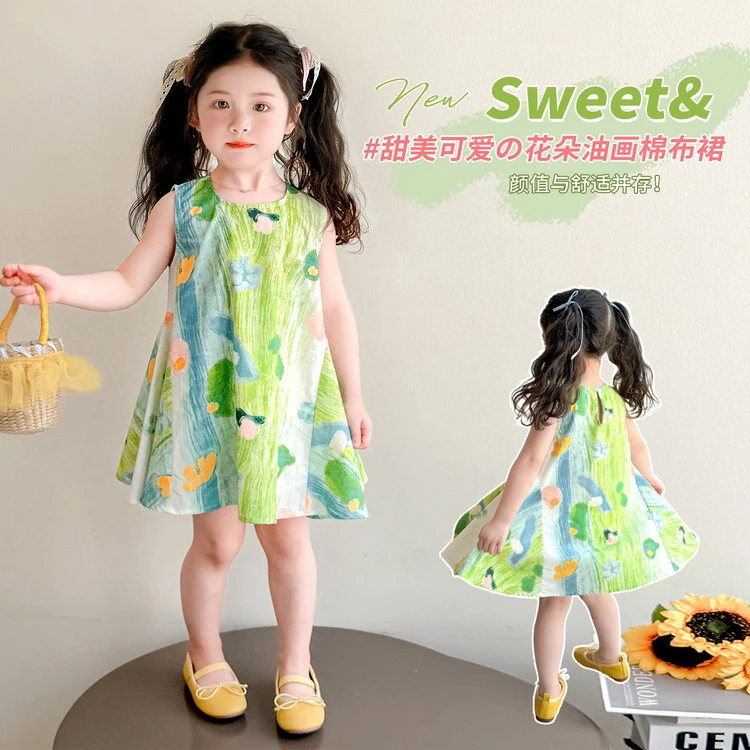 2025新款夏季甜美花朵油画裙女童连衣裙百搭休闲公主裙90-140cm