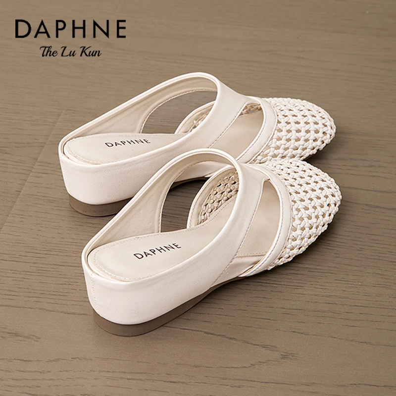 达芙妮2025夏季新款镂空内增高简约气质编织穆勒鞋包头半拖凉鞋AM