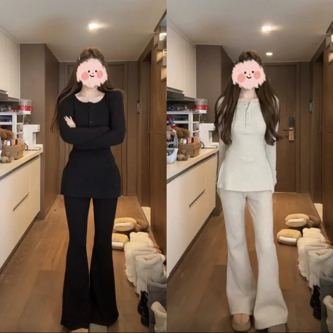 2025秋冬季新款时尚慵懒风开叉打底长袖上衣高腰显瘦微喇裤两件套