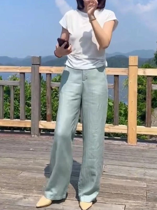夏季新款静版短袖T恤高腰阔腿直筒裤清新显瘦女装