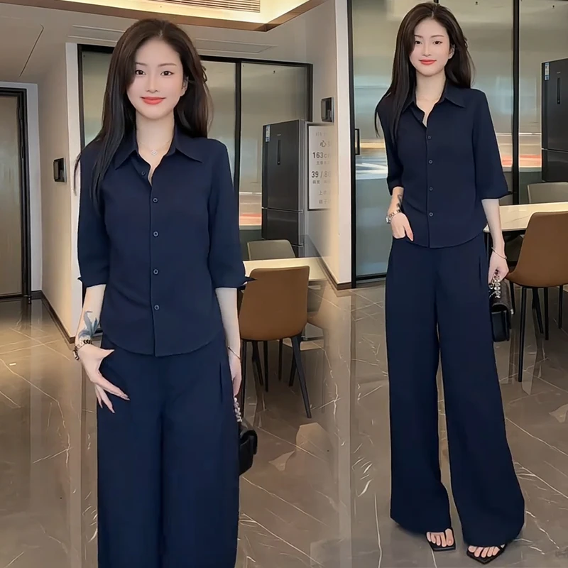 高级感时尚套装女夏季新款洋气减龄显瘦翻领长袖衬衫阔腿裤两件套