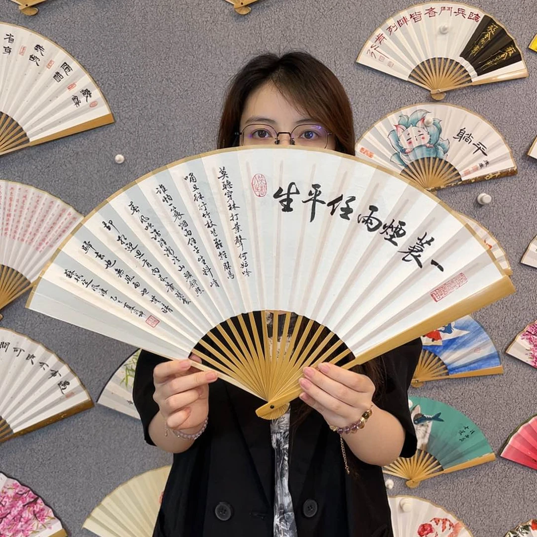 书法95寸玉竹-纯手绘-文玩扇骨（默认粘好）