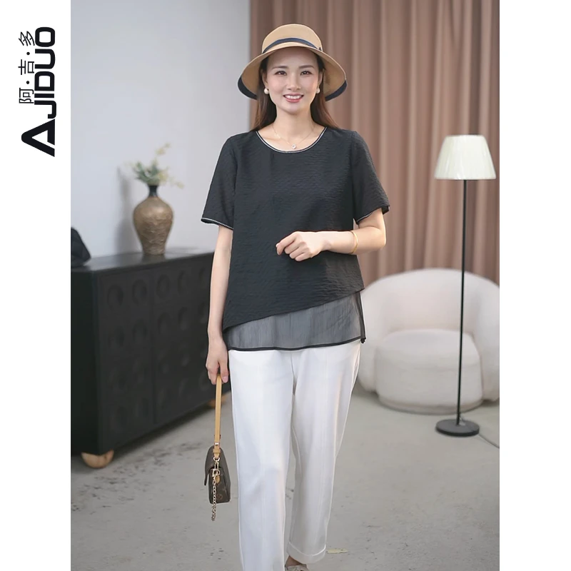 阿吉多A21788黑色短袖T恤女2025夏季新款时尚大码妈妈装精致上衣
