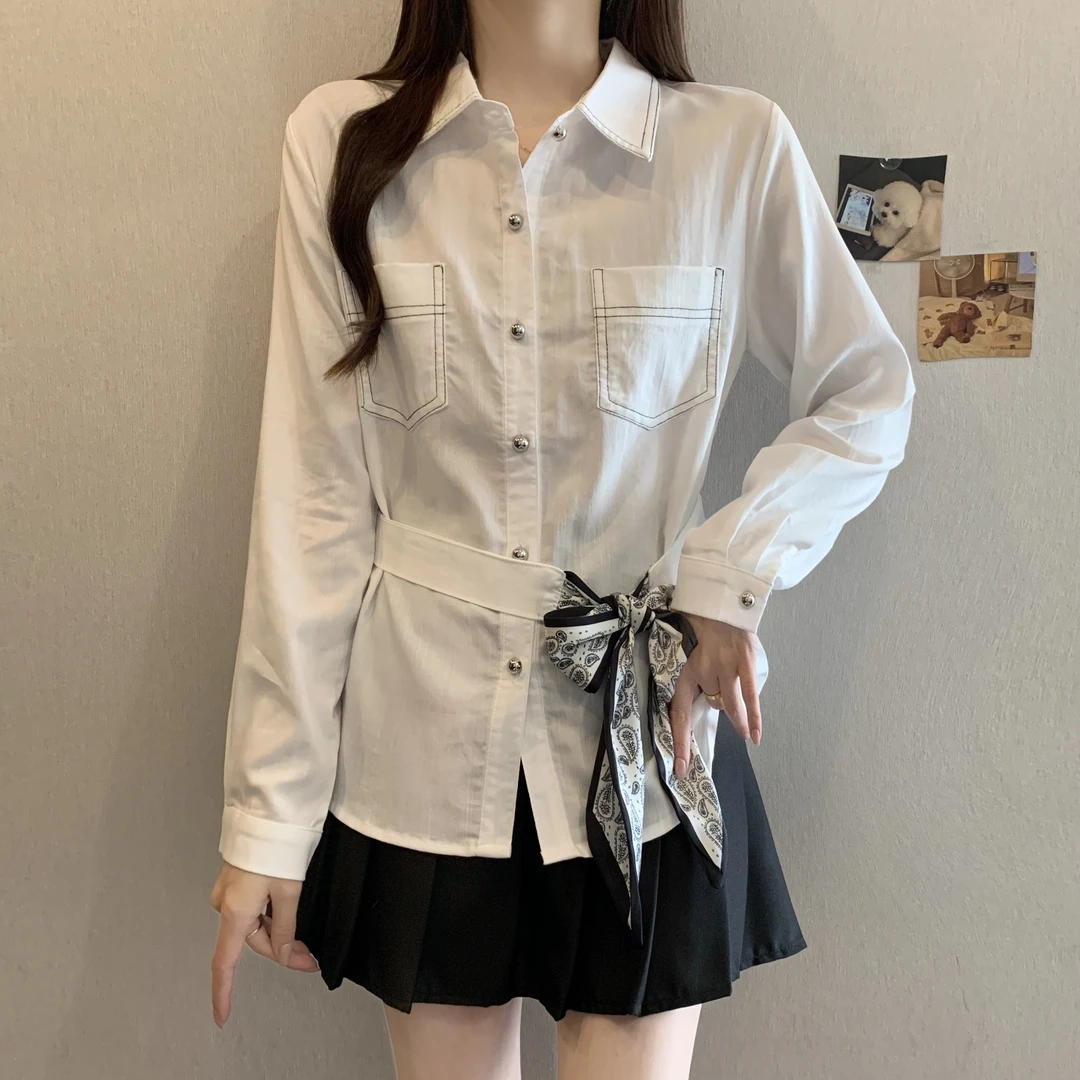 高级轻奢丝巾绑带长袖衬衫秋季2025新款爆款大码女装胖mm收腰上衣