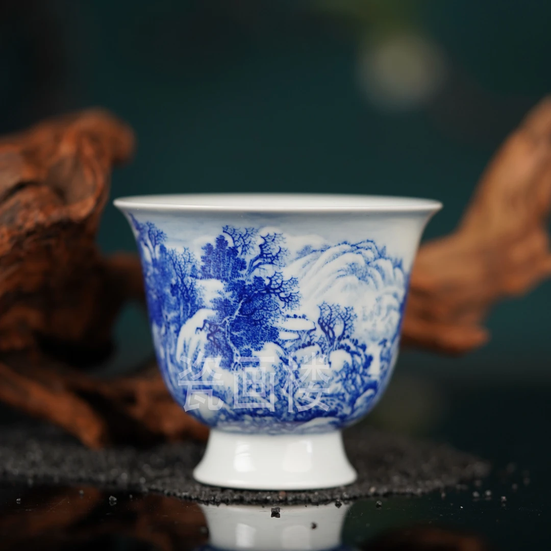 觉山隐窑青花雪景金钟霸王杯景德镇陶瓷高端茶具包邮