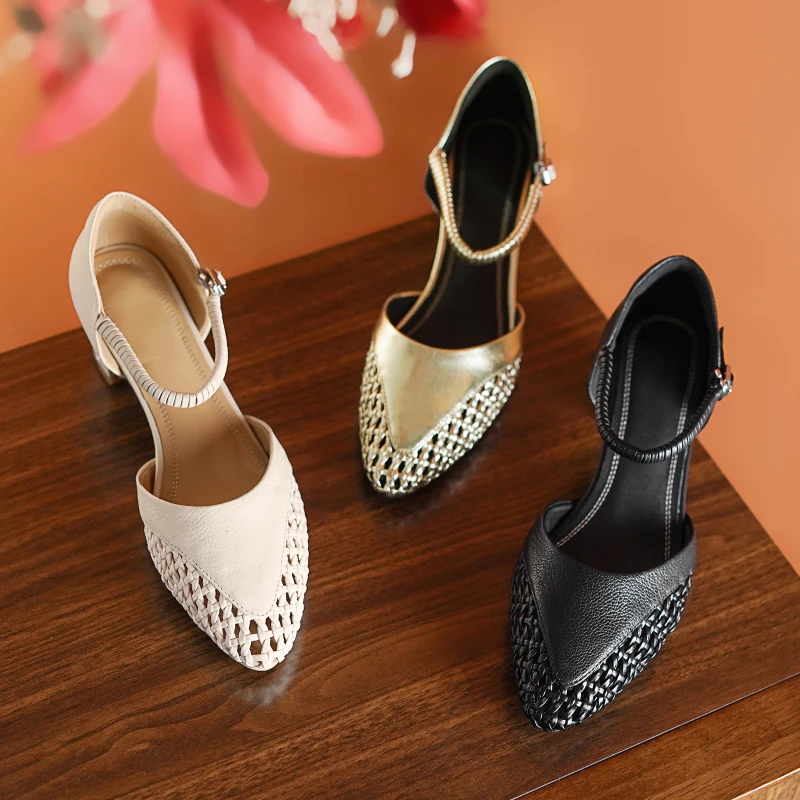 5cm/羊皮/法式一字带粗跟凉鞋女夏软底芒果头中空镂空透气女鞋子