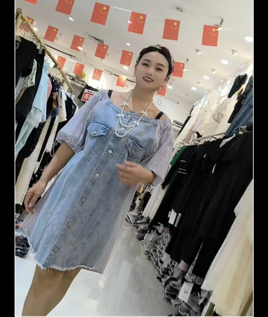 牛仔拼接连衣裙显瘦气质拼接蓝色时尚百搭夏季收腰设计师5124