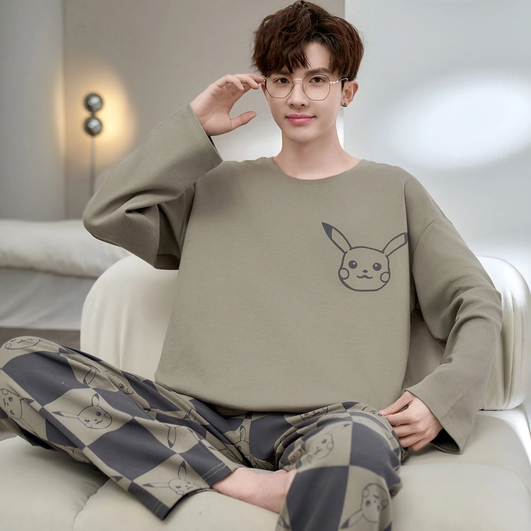 纯棉男士睡衣春秋冬季长袖卡通加大码青少年全棉休闲风家居服套装