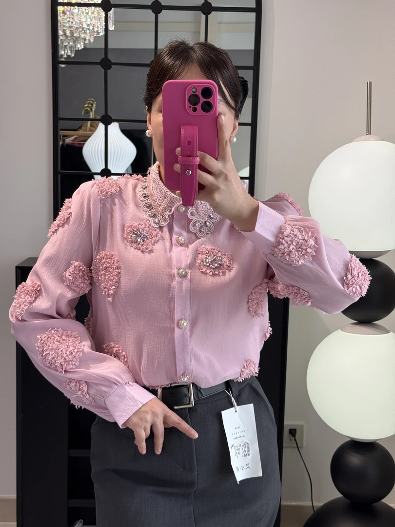 法式小众重工钉珠花瓣高端衬衫女装新年衬衣长袖百搭上衣气质气质