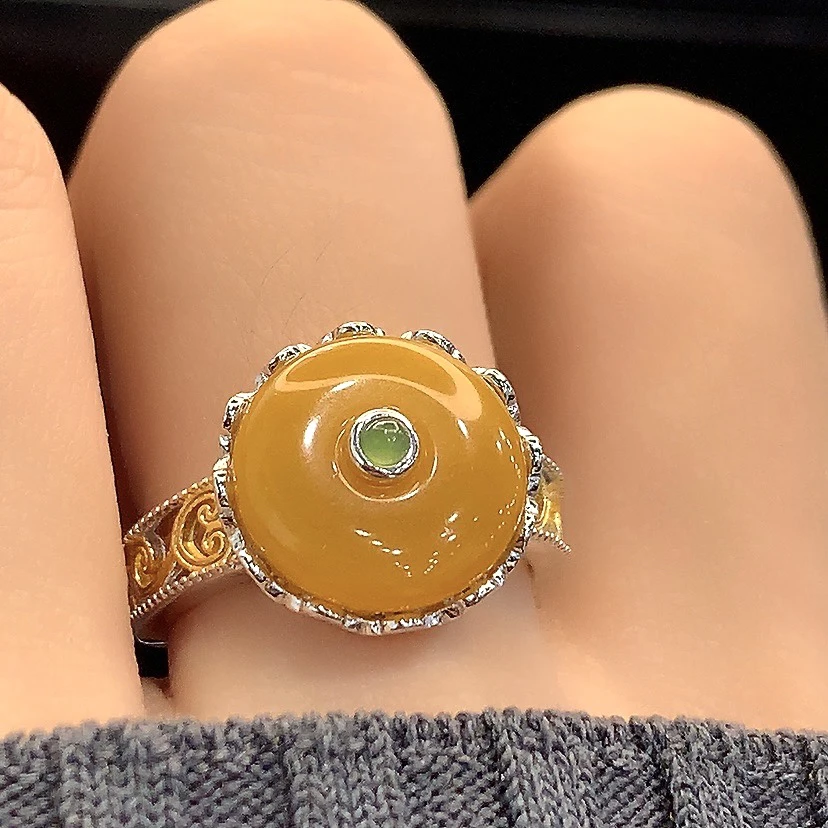 个性卷草如意平安扣蜜蜡戒指