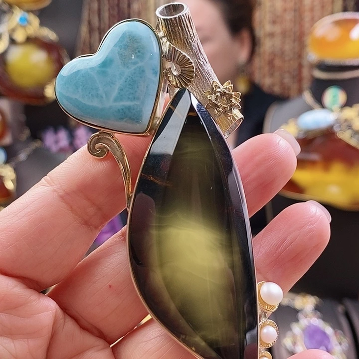 琥珀颈饰银S925镶嵌吊坠