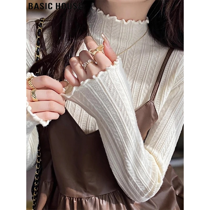 Basic House/百家好法式半高领针织打底衫女士秋冬木耳边内搭毛衣