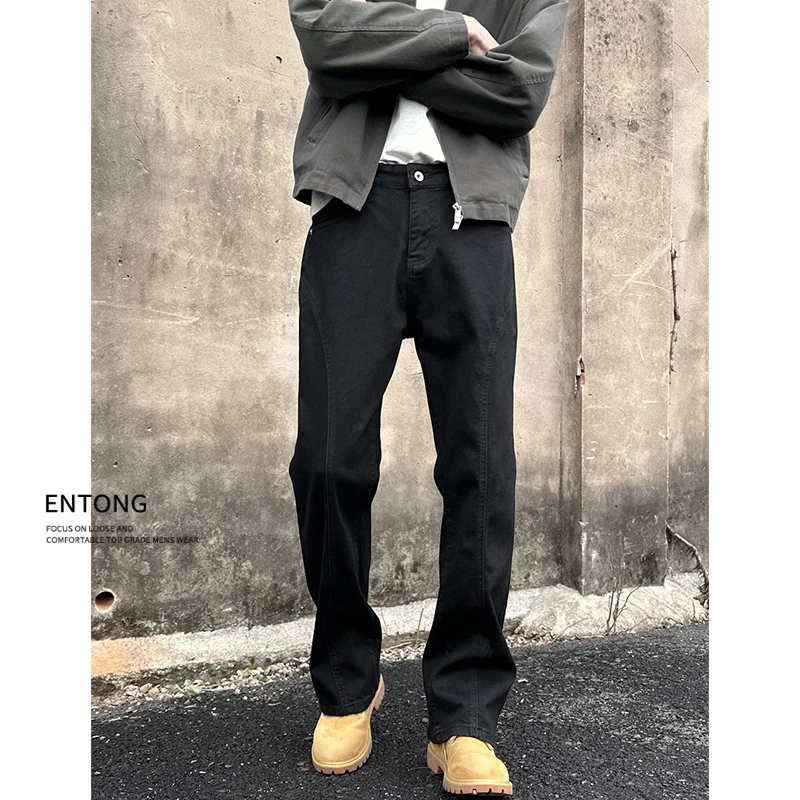 Entong美式复古解构设计感直筒牛仔裤男士宽松显瘦cleanfit长裤子