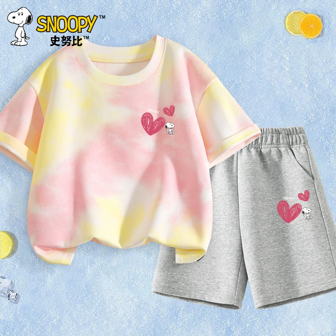 史努比女童套装2025新款夏季女大童短袖短裤时尚纯棉儿童运动服