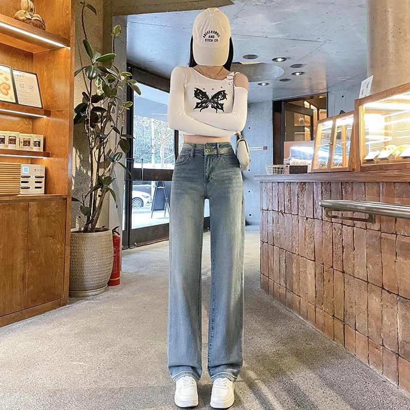 EOL2025秋季新款高腰窄版直筒牛仔裤女百搭显瘦阔腿弹力9125