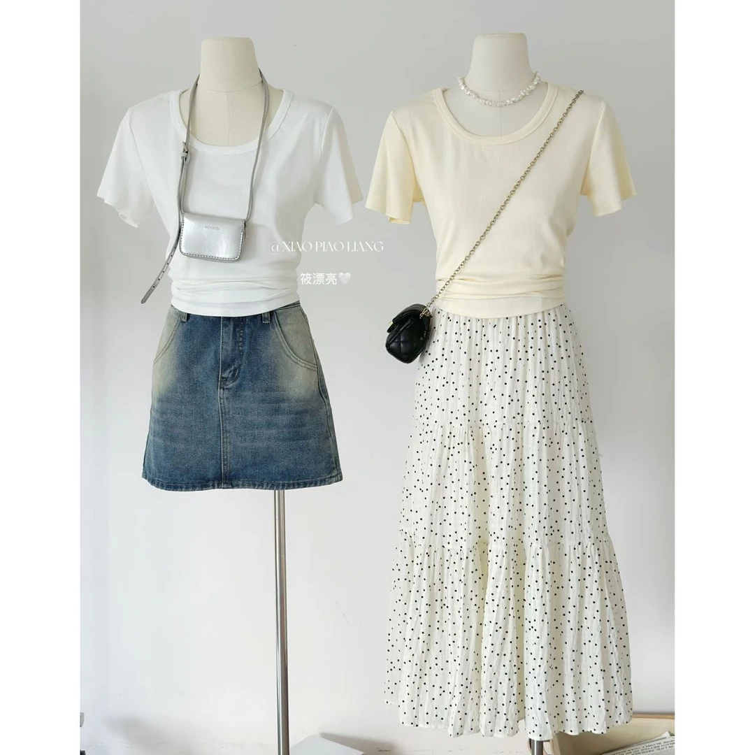 韩系减龄高级感弧形下摆露锁骨U领显瘦通勤百搭纯色T恤933#0.1