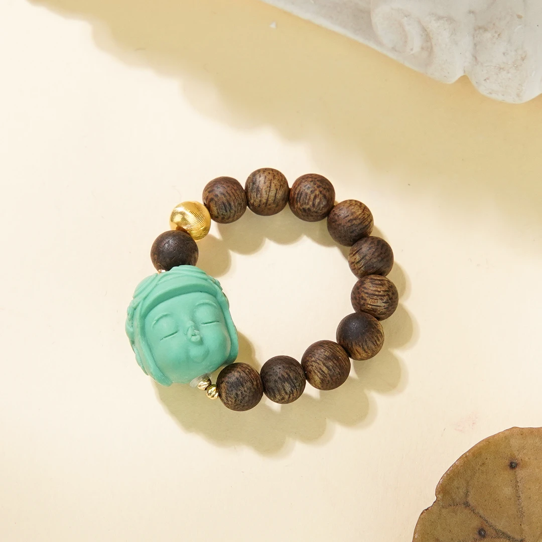 白奇楠沉香DIY18K金绿松牛嘟嘟戒指/CX00098