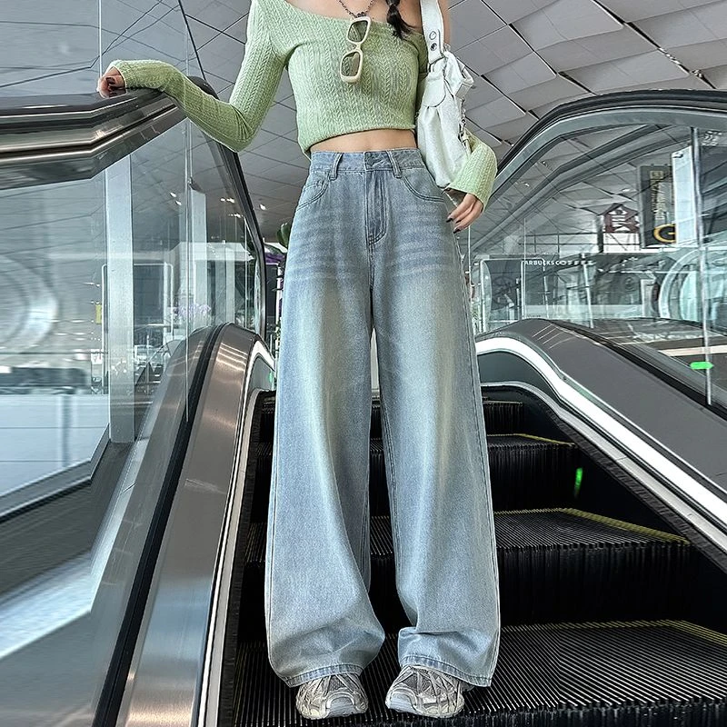 浅蓝色通勤阔腿裤2025秋装新款垂感直筒小个子百搭牛仔拖地裤ins