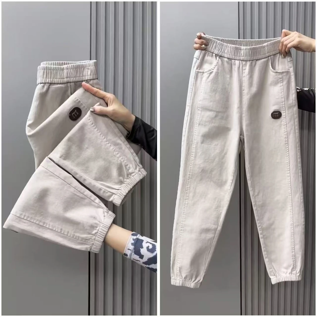 韩版水洗棉牛仔裤女新款宽松束脚百搭高腰显瘦休闲哈伦裤子女款