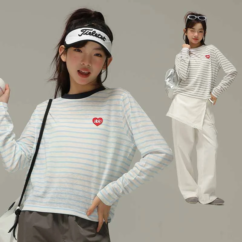 小女森女童夏季T恤薄款条纹撞色内搭中大童基础圆领防晒长袖上衣