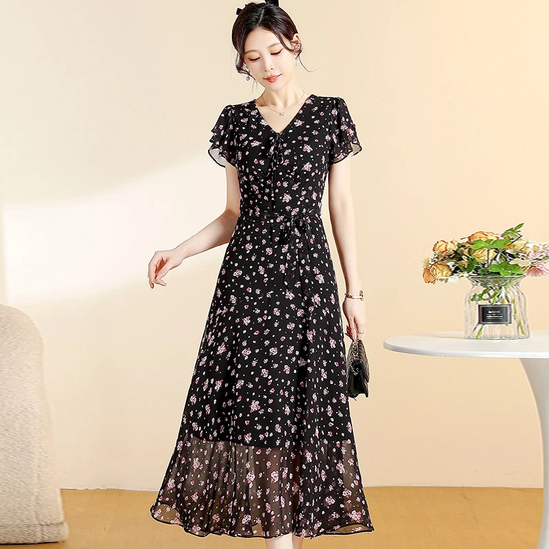 高端大气上档次雪纺碎花连衣裙女2025夏季新款广州十三行高贵妈妈