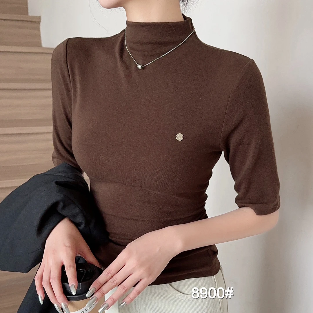女款中袖t恤新款修身显瘦打底时尚纯色紧身百搭上衣8900