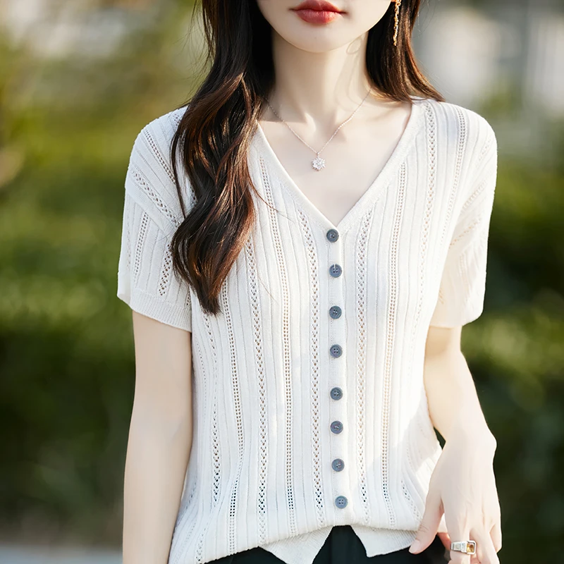 【莱赛尔天丝100%】ZV领镂空针织短袖藏蓝色开衫短款宽松薄款赫本风
