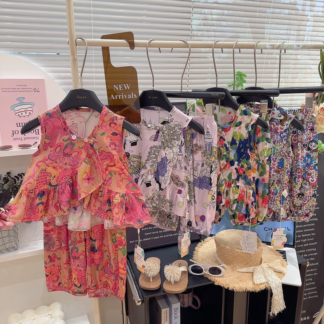 乖布童夏季新款女宝宝中小童棉绸无袖透气柔软舒适家居服套装