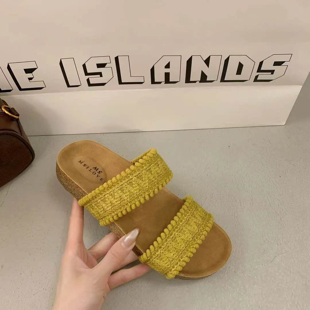 68/D凉鞋沙滩中跟平底薄款夏季女鞋一字拖软底修面沙滩鞋编织