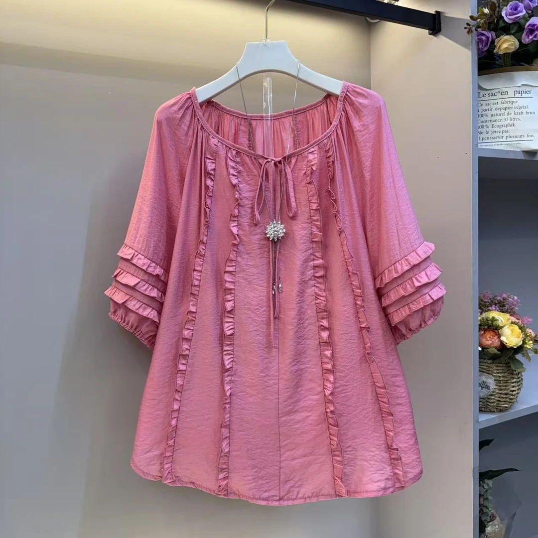 新款大码女装时尚洋气圆领木耳花边八袖䄂百搭遮肉大衫