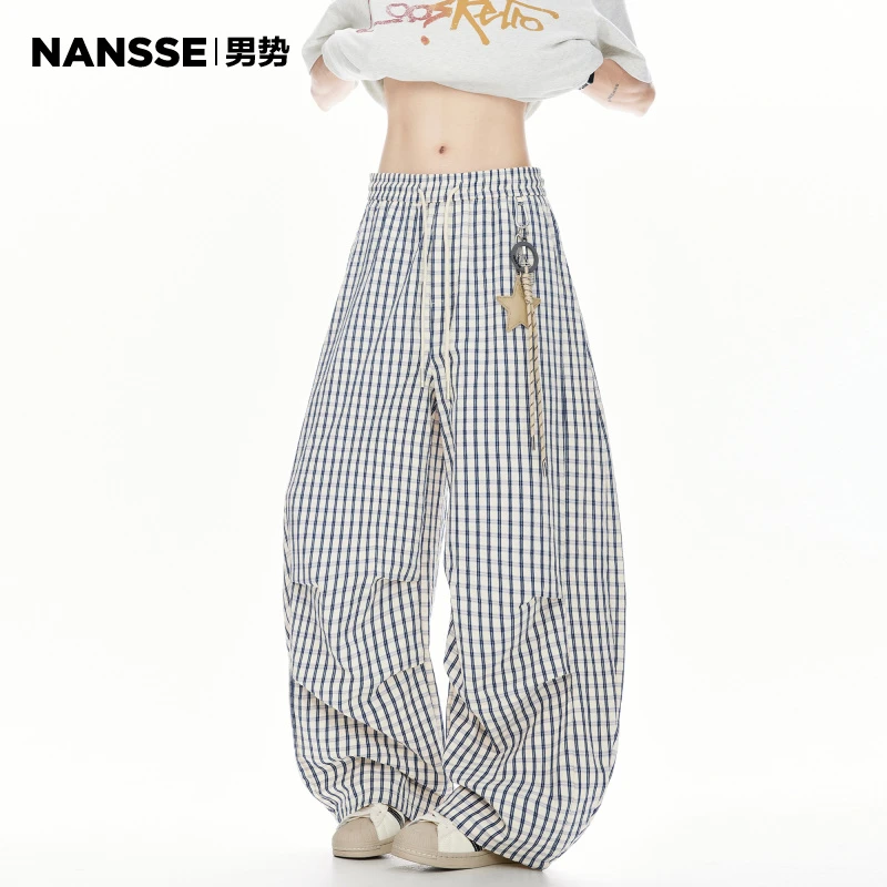 慵懒格子弯刀休闲裤子男女夏季新款潮牌宽松星星挂饰褶皱阔腿长裤