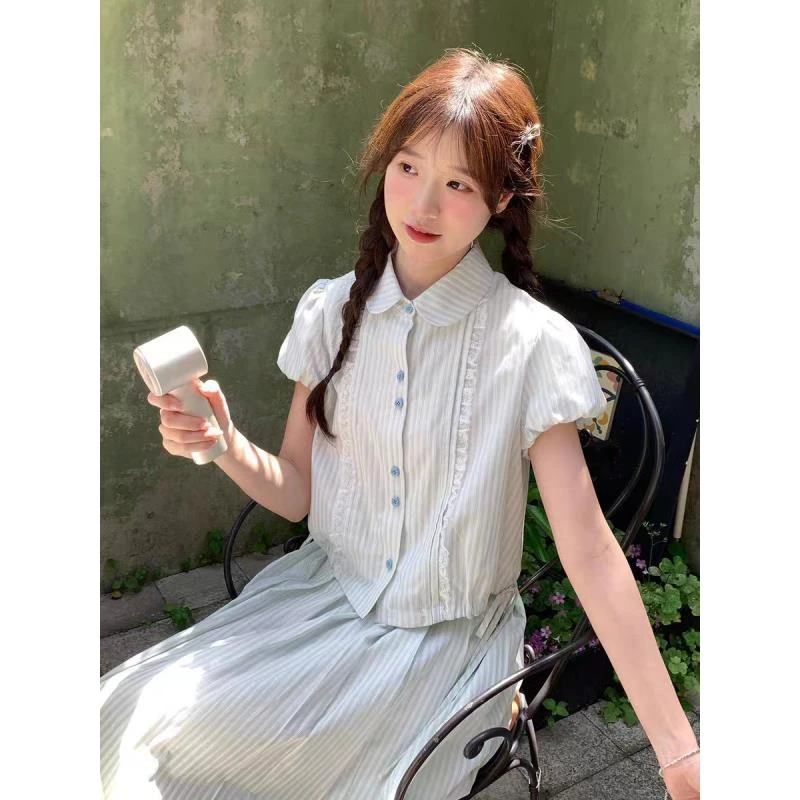 甜美条纹短袖娃娃领衬衫中长款半身裙套装裙两件套女夏