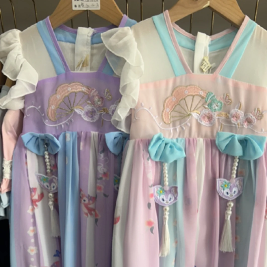 中大童女童夏季汉服出游精品刺绣无袖连衣裙