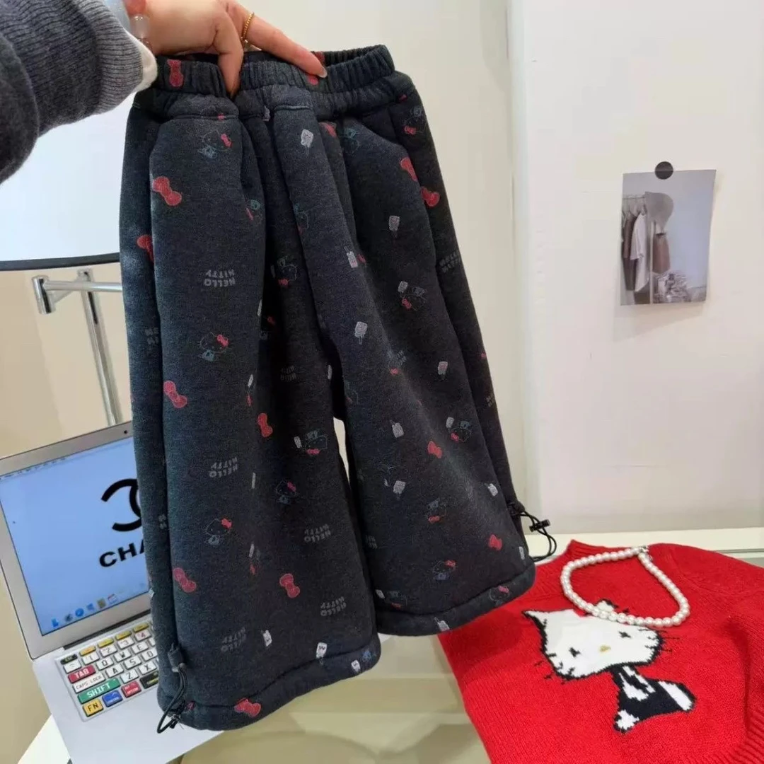 韩国童装女童蝴蝶结Kitty加绒卫裤2025冬季新款儿童韩版百搭裤子