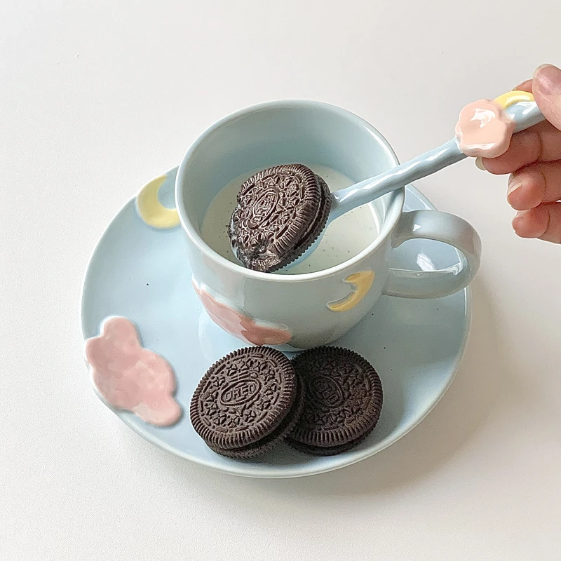 星月咖啡杯碟釉下彩手绘陶瓷茶杯早餐杯碟少女可爱下午茶礼物水杯