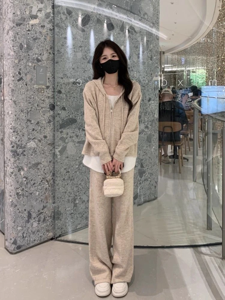 小众高级感时尚套装女秋季网红洋气假两件连帽上衣阔腿裤子两件套