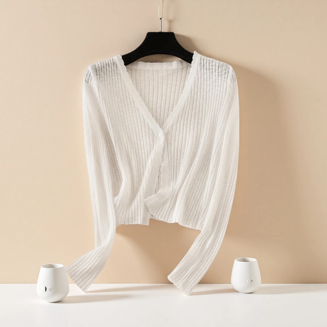 薄款针织冰丝开衫女长袖夏季外搭短款空调衫防晒小披肩上衣女罩衫