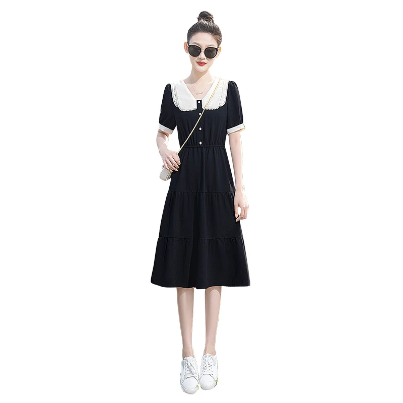 丝柏舍2025夏季新款女收腰短袖中长款撞色娃娃领连衣裙S32R2137L