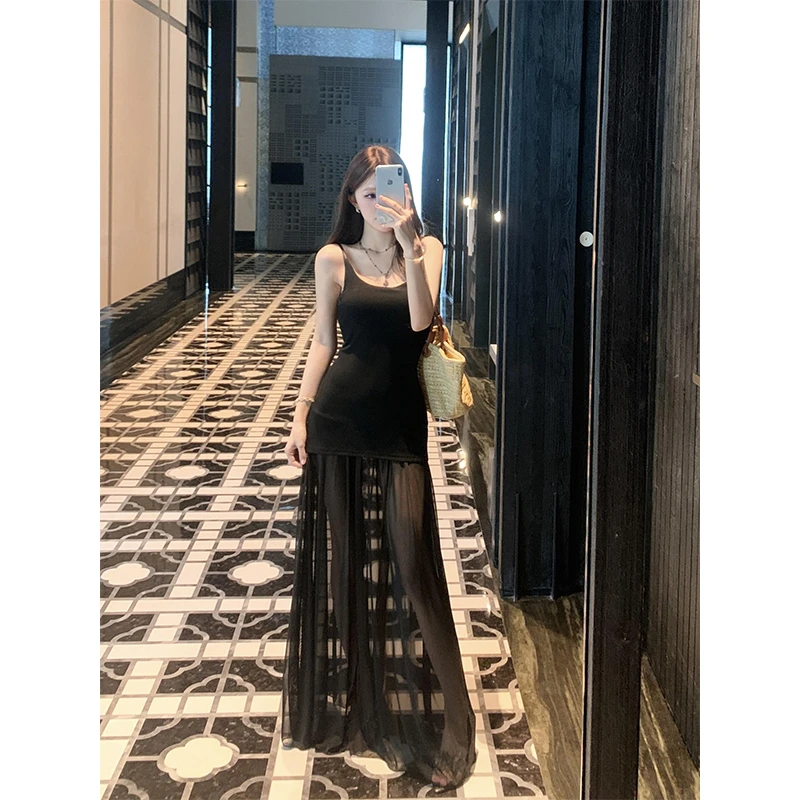 2025春夏新款韩版网纱拼接连衣裙纯欲露背修身吊带连衣裙女长裙子