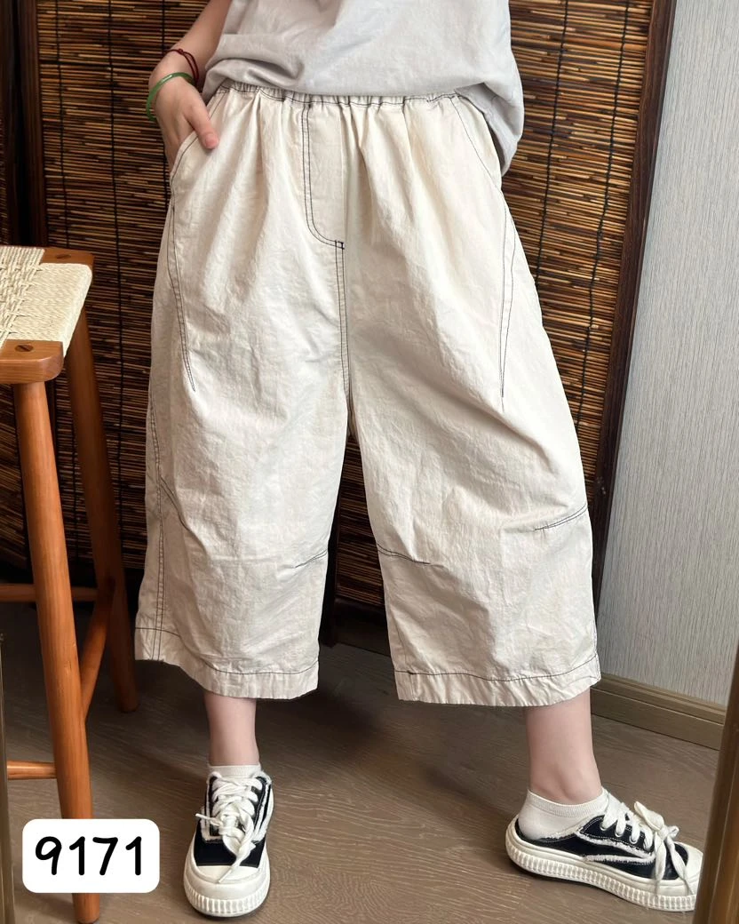 9171新款百搭宽松休闲七分裤裤子松紧腰直筒设计适合夏季穿着薄款