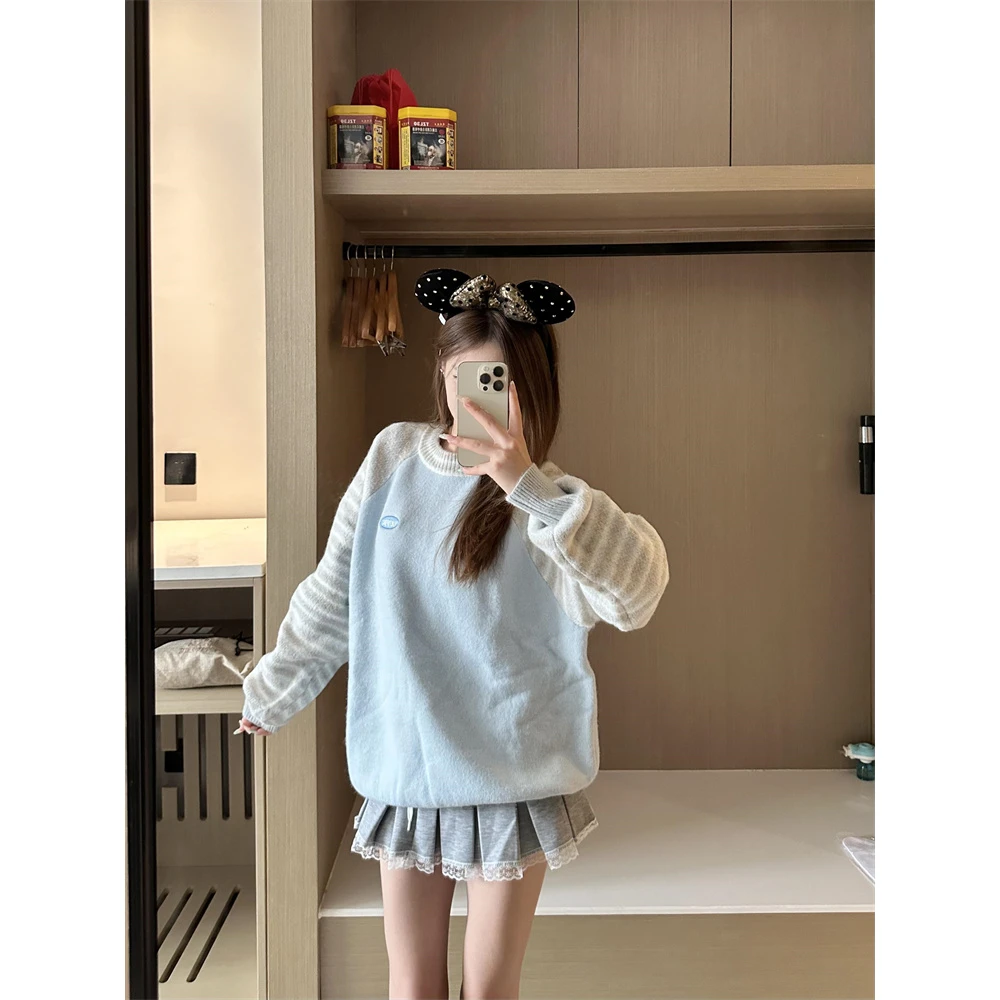 【清小狗毛衣70424】韩系气质撞色拼接长袖针织衫简约百搭上衣