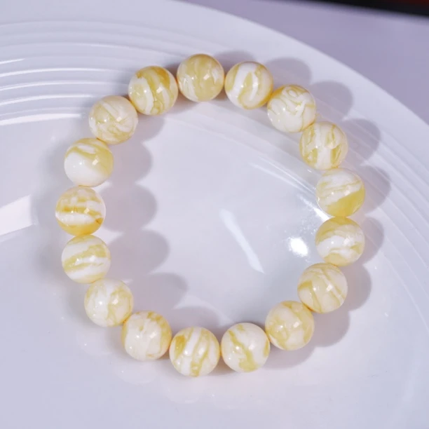 12mm俄料天然精品瓷白橘金线纹虎皮妖花蜜蜡圆珠手串轻奢时尚单圈