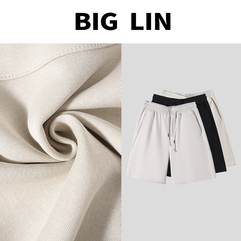 BIG林 夏季凉感棉抽绳松紧简约百搭休闲裤宽松纯色男士短裤D2556