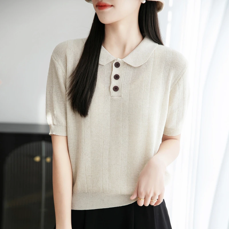 苎麻POLO领针织衫短袖T恤女2025年春夏新款纯色纽扣套头打底衫