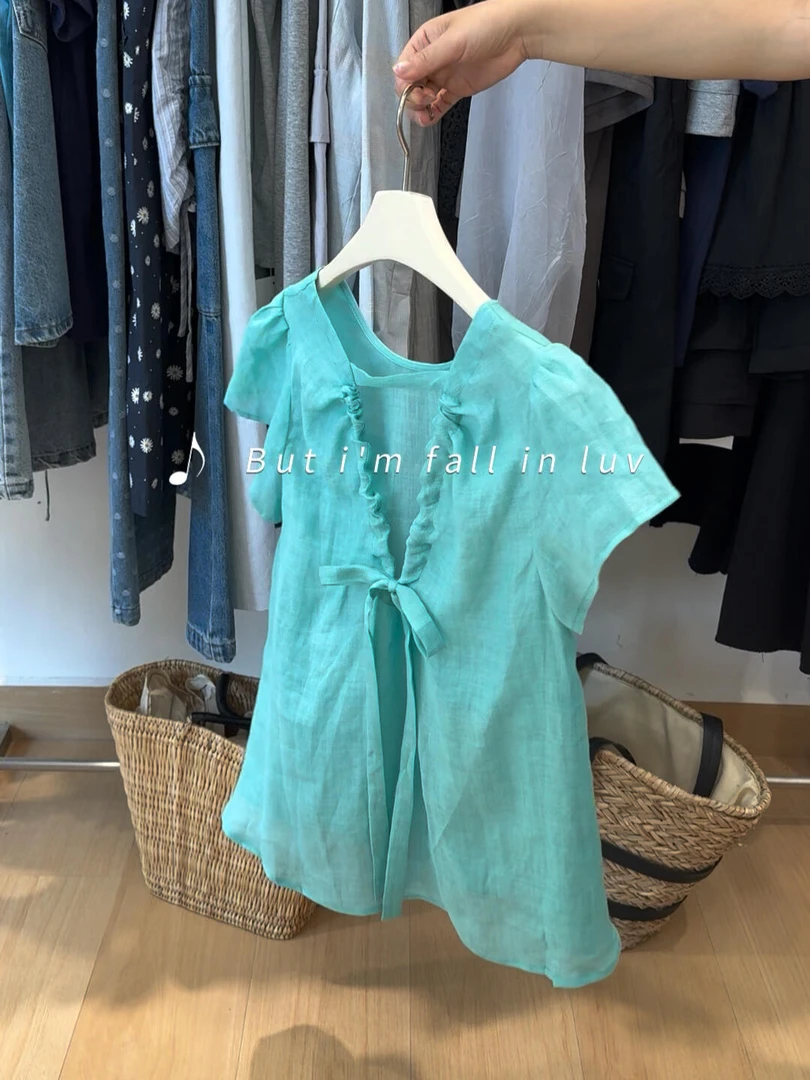 韩系甜美湖蓝色苎麻系带小衫女2025夏季新款高级感独特漂亮上衣