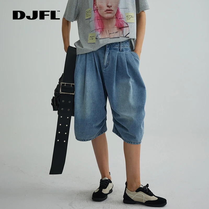 DJFL 蓝色立体捏褶遮肉显瘦复古做旧氛围感牛仔五分裤DWWR1D050