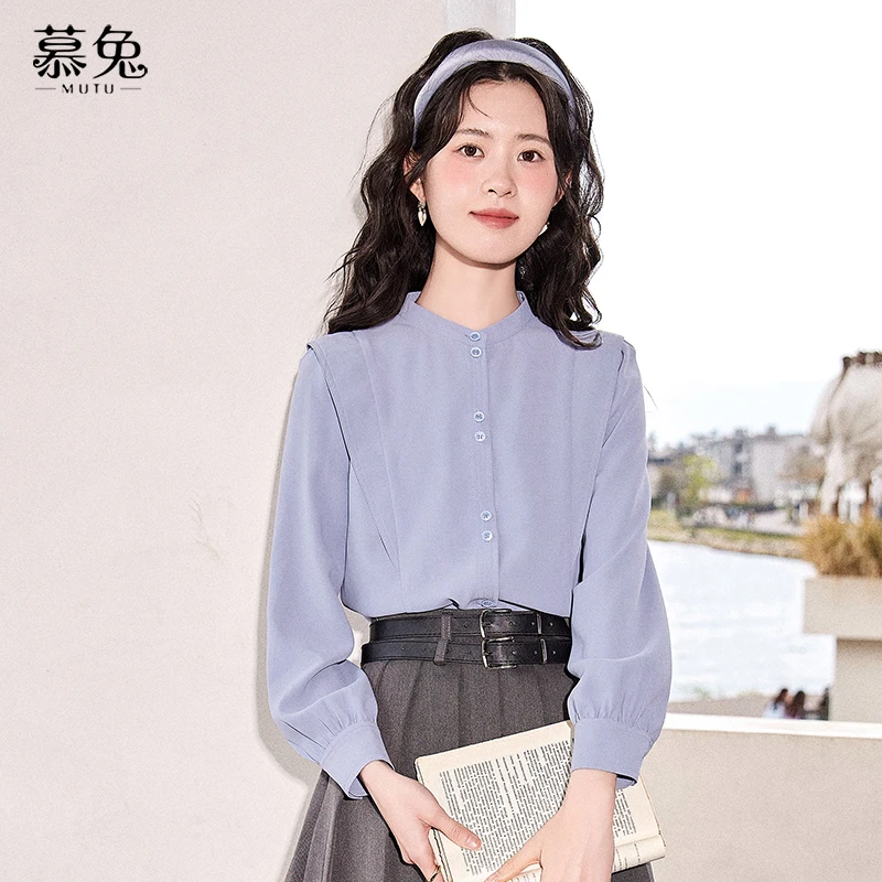 法式复古立领蓝色衬衫女2024秋季气质设计感小众长袖上衣16156